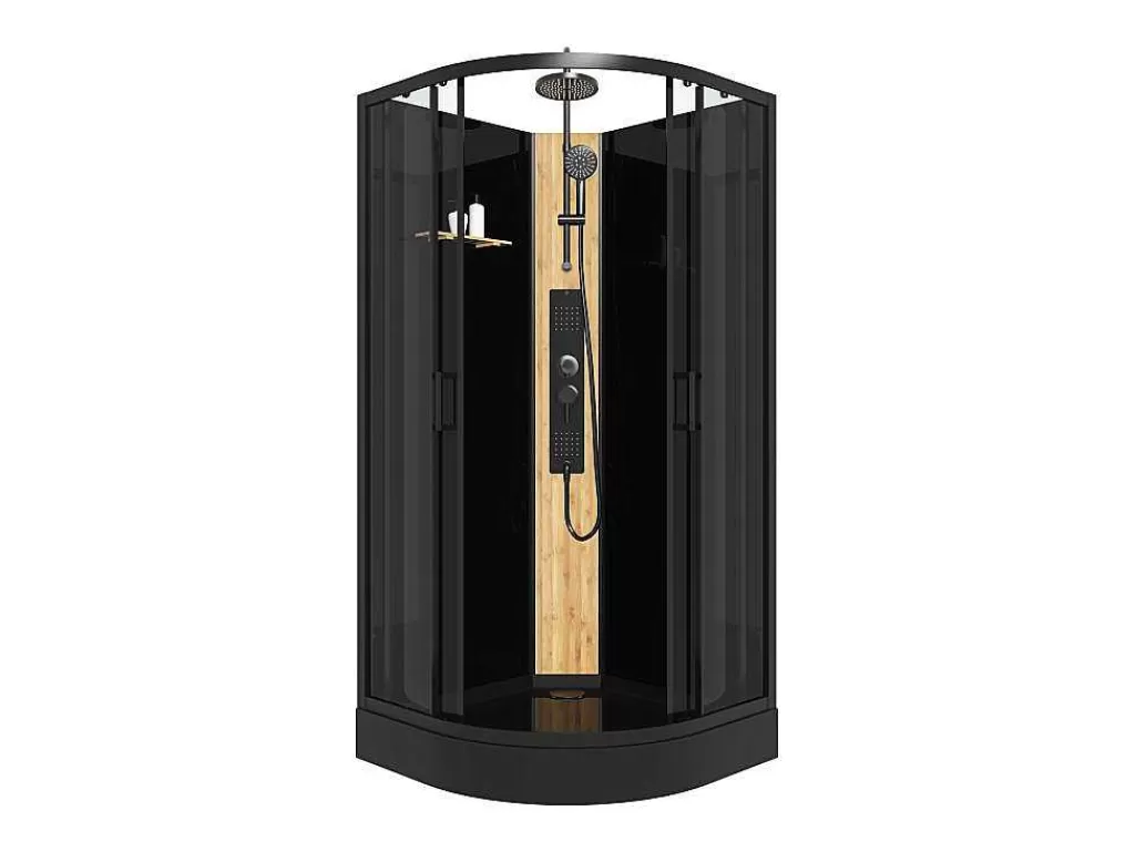 Cabine De Duche*Shower & Design Cabine De Duche De Hidromassagem Em Quarto De Circulo Com Painel De Bambu Preto C90 X L90 X A225 Cm - Tiloma