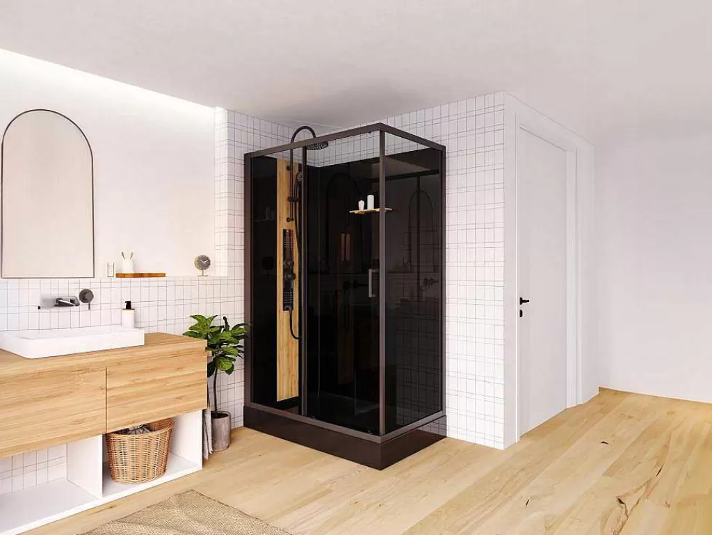 Cabine De Duche*Shower & Design Cabine De Duche De Hidromassagem Retangular Em Bambu, Instalacao Reversivel, Preto Fosco, C120 X L80 X A225 Cm - Vituna