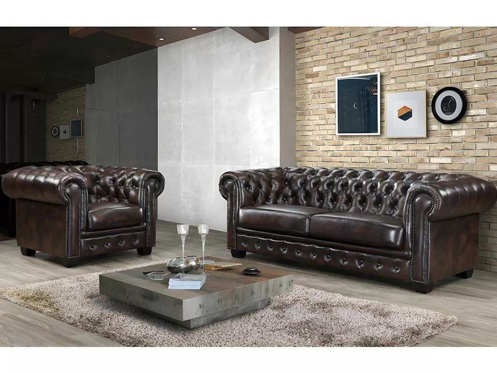 Poltrona Em Pele*LINEA Sofá Cadeirão 100% Pele De Bufalo Castanho Com Reflexos Castanhos Estilo Chesterfield - Brenton
