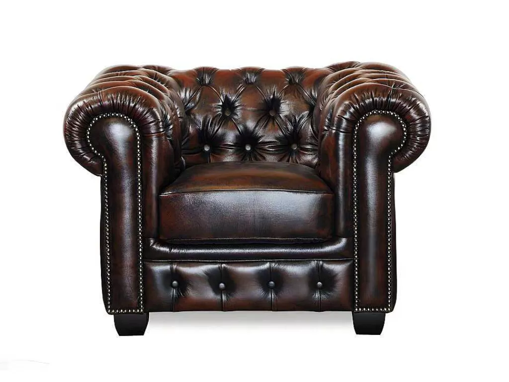 Poltrona Em Pele*LINEA Sofá Cadeirão 100% Pele De Bufalo Castanho Com Reflexos Castanhos Estilo Chesterfield - Brenton
