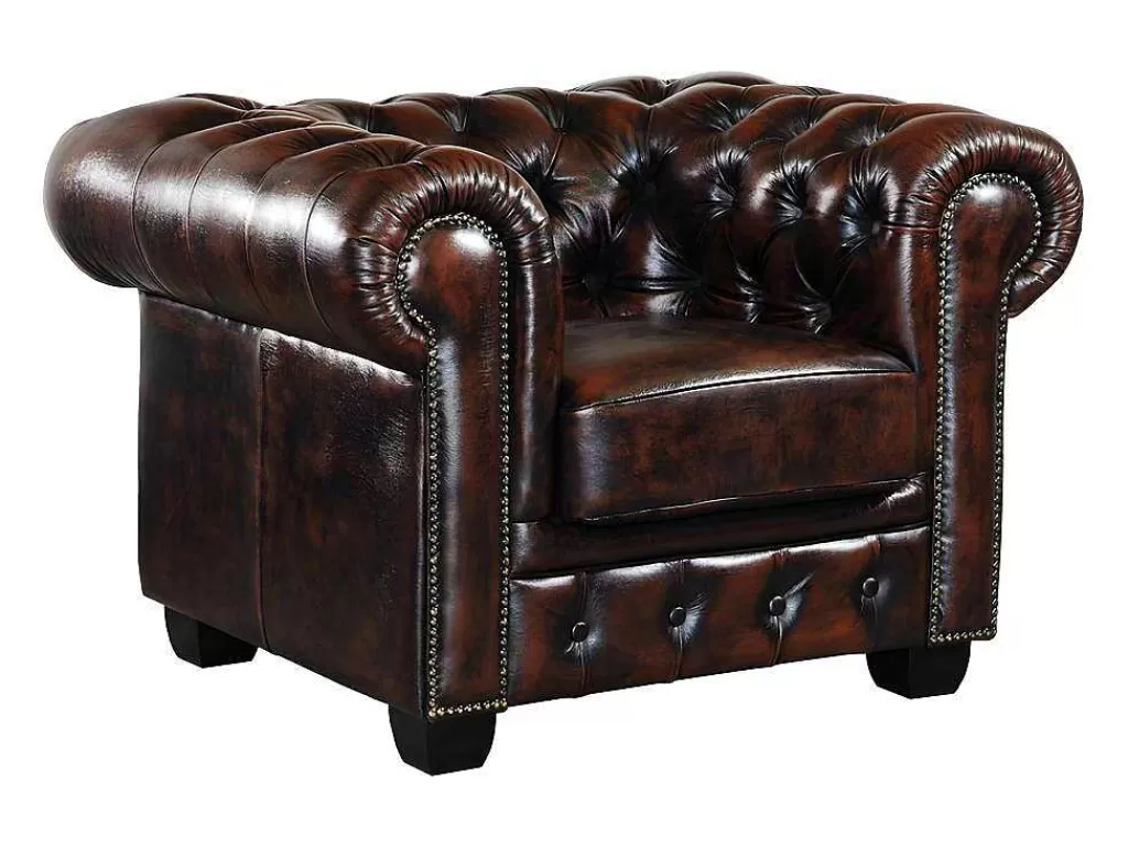 Poltrona Em Pele*LINEA Sofá Cadeirão 100% Pele De Bufalo Castanho Com Reflexos Castanhos Estilo Chesterfield - Brenton