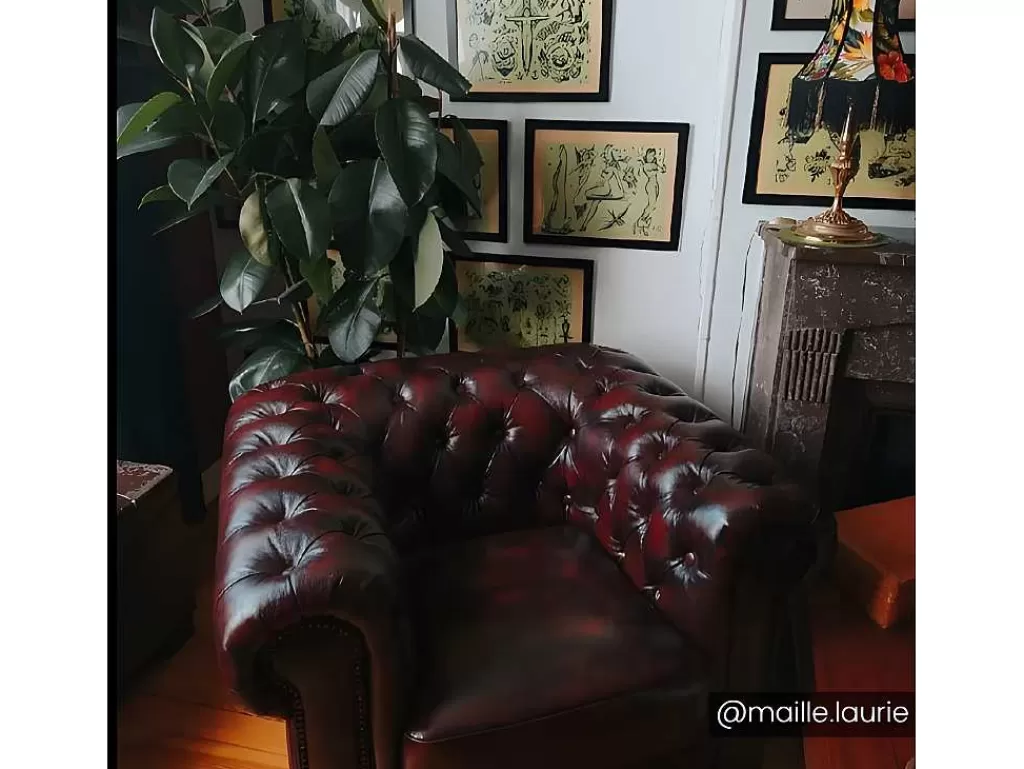 Poltrona Em Pele*LINEA Sofá Cadeirão 100% Pele De Bufalo Castanho Com Reflexos Castanhos Estilo Chesterfield - Brenton