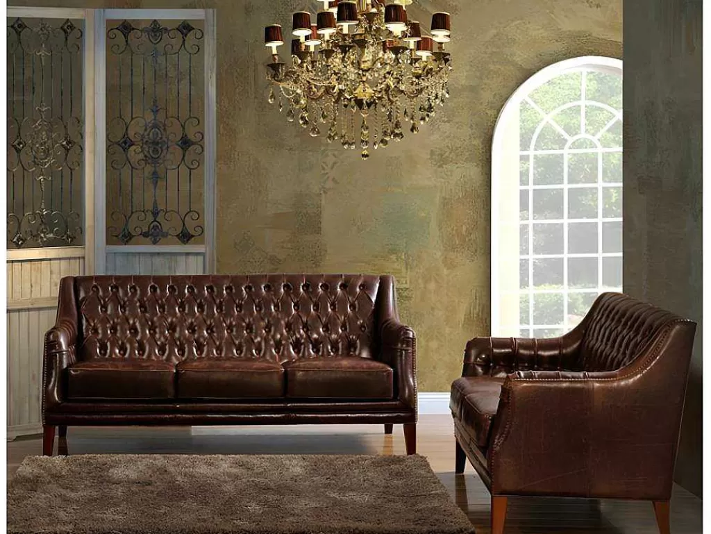 Poltrona Em Pele*LINEA Sofá Cadeirão Em Couro Castanho Estilo Vintage - Colbert