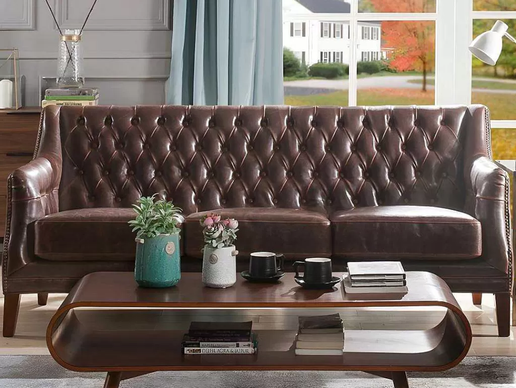 Poltrona Em Pele*LINEA Sofá Cadeirão Em Couro Castanho Estilo Vintage - Colbert