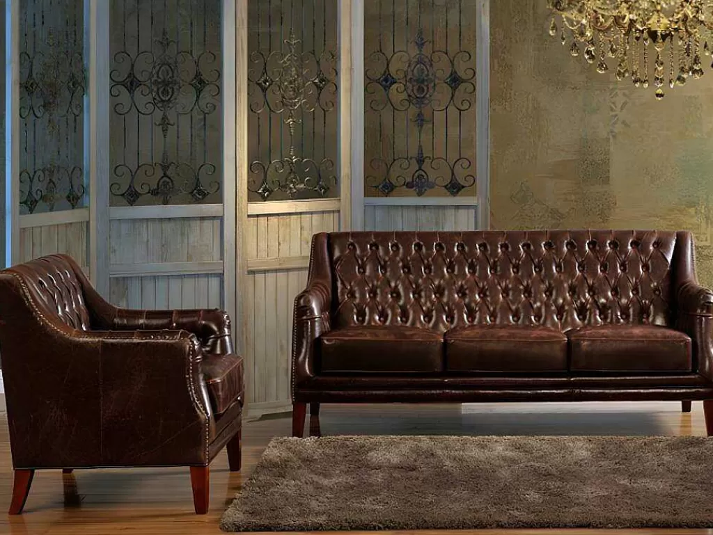 Poltrona Em Pele*LINEA Sofá Cadeirão Em Couro Castanho Estilo Vintage - Colbert
