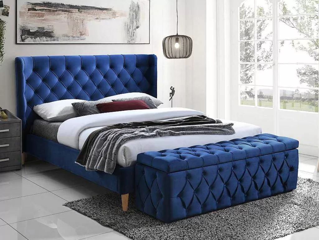 Cama Em Veludo*Vente-unique Cama 140 X 190 Cm Com Cabeceira De Cama Acolchoada Veludo Azul Real - Enodi