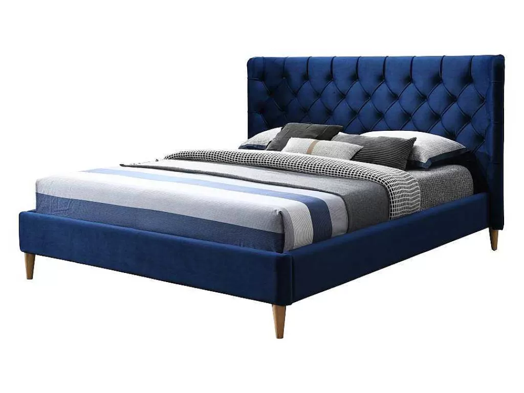 Cama Em Veludo*Vente-unique Cama 140 X 190 Cm Com Cabeceira De Cama Acolchoada Veludo Azul Real - Enodi