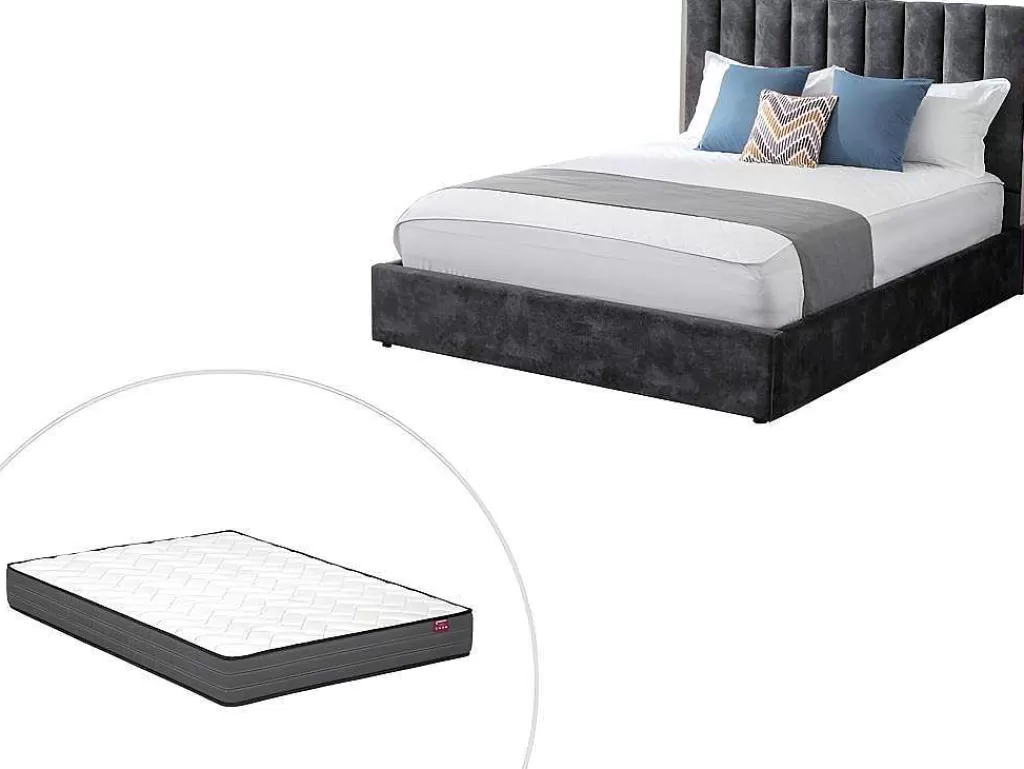 Cama Em Veludo*Vente-unique Cama 140 X 190 Cm Com Cabeceira De Cama Costuras Verticais Veludo Antracite + Colchão - Feroya