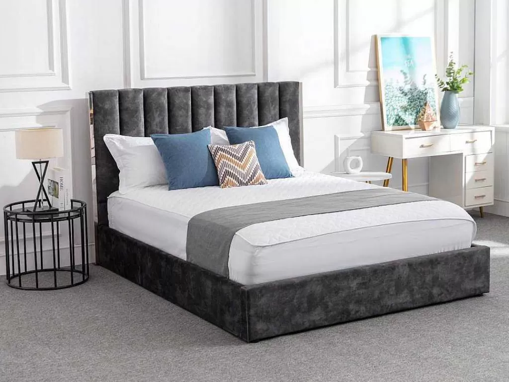 Cama Em Veludo*Vente-unique Cama 140 X 190 Cm Com Cabeceira De Cama Costuras Verticais Veludo Antracite - Feroya