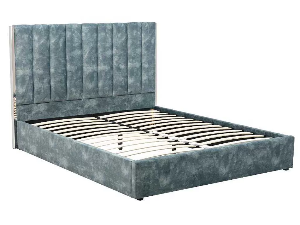 Cama Em Veludo*Vente-unique Cama 140 X 190 Cm Com Cabeceira De Cama Costuras Verticais Veludo Azul-Esverdeado + Colchão - Feroya