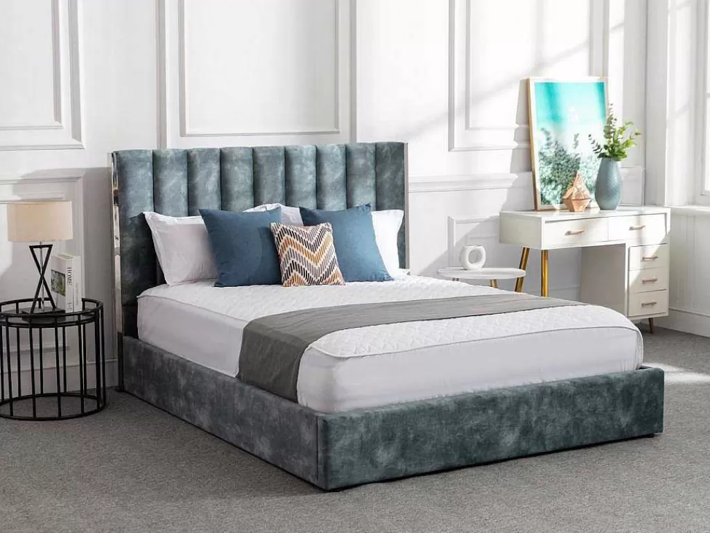Cama Em Veludo*Vente-unique Cama 140 X 190 Cm Com Cabeceira De Cama Costuras Verticais Veludo Azul-Esverdeado - Feroya
