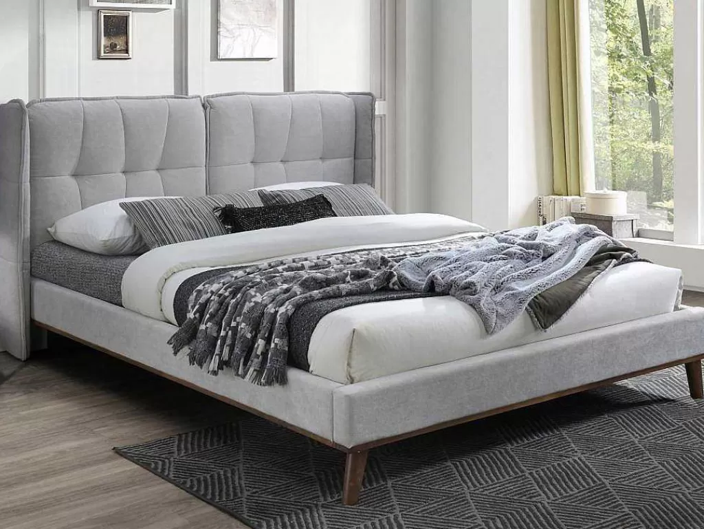 Cama De Adulto*Vente-unique Cama 140 X 200 Cm Com Cabeceira De Cama Acolchoada Linho Cinzento-Claro - Kerano