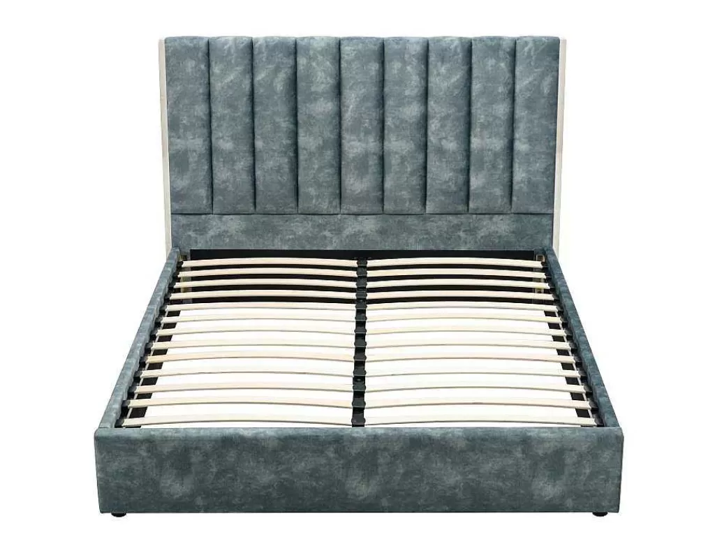 Cama Em Veludo*Vente-unique Cama 160 X 200 Cm Com Cabeceira De Cama Costuras Verticais Veludo Azul-Esverdeado - Feroya