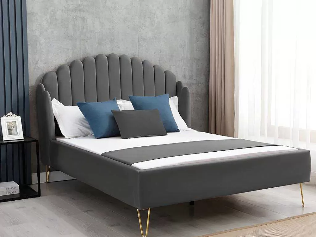 Cama Em Veludo*Vente-unique Cama 160 X 200 Cm Com Cabeceira De Cama Ondulada Veludo Cinzento + Colchão - Sagali