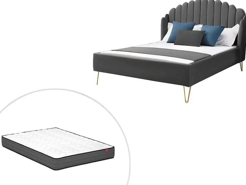 Cama Em Veludo*Vente-unique Cama 160 X 200 Cm Com Cabeceira De Cama Ondulada Veludo Cinzento + Colchão - Sagali