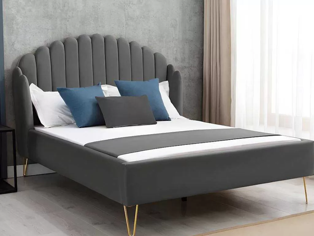 Cama Em Veludo*Vente-unique Cama 160 X 200 Cm Com Cabeceira De Cama Ondulada Veludo Cinzento + Colchão - Sagali