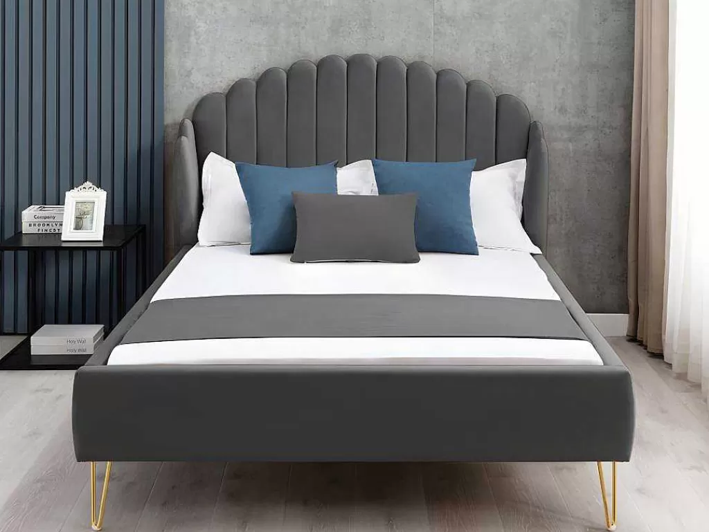 Cama Em Veludo*Vente-unique Cama 160 X 200 Cm Com Cabeceira De Cama Ondulada Veludo Cinzento + Colchão - Sagali