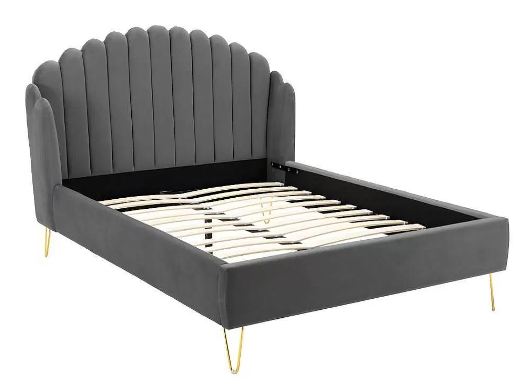Cama Em Veludo*Vente-unique Cama 160 X 200 Cm Com Cabeceira De Cama Ondulada Veludo Cinzento + Colchão - Sagali