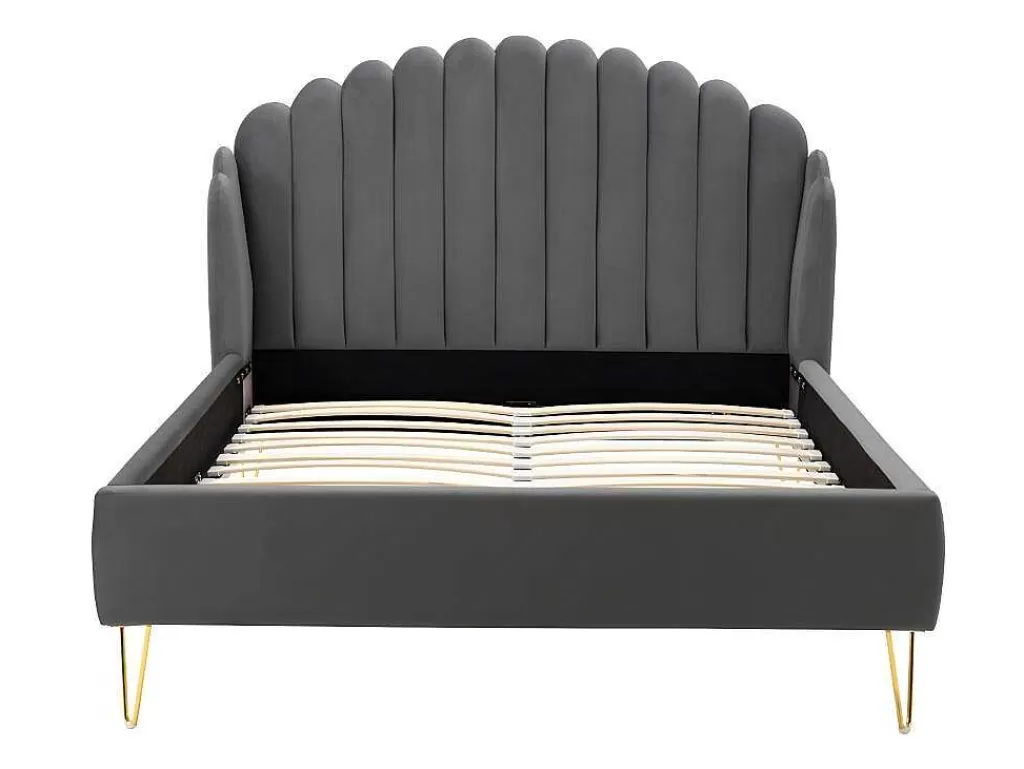 Cama Em Veludo*Vente-unique Cama 160 X 200 Cm Com Cabeceira De Cama Ondulada Veludo Cinzento + Colchão - Sagali