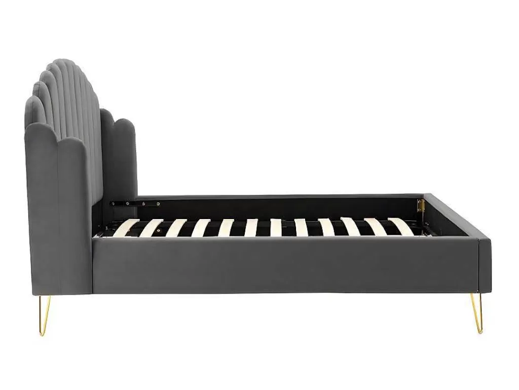 Cama Em Veludo*Vente-unique Cama 160 X 200 Cm Com Cabeceira De Cama Ondulada Veludo Cinzento + Colchão - Sagali
