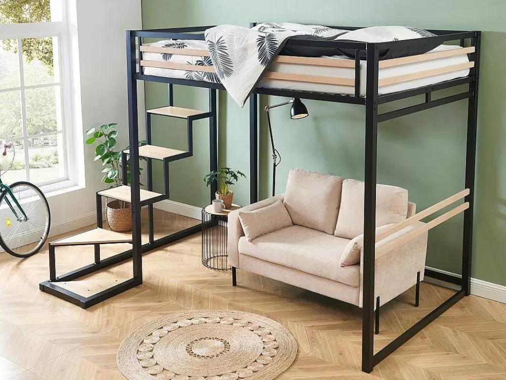 Cama Alta*Vente-unique Cama Alta 140 X 200 Cm Metal E Mdf Preto E Carvalho + Colchão + Edredão + Almofadas - Jogui