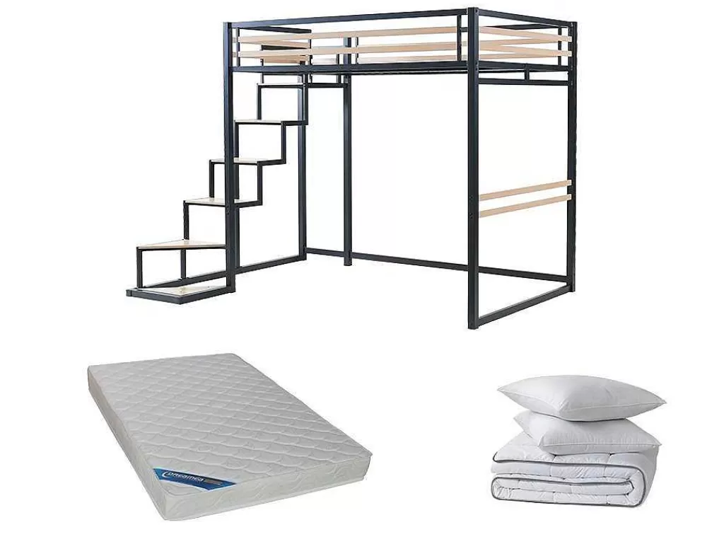 Cama Alta*Vente-unique Cama Alta 140 X 200 Cm Metal E Mdf Preto E Carvalho + Colchão + Edredão + Almofadas - Jogui
