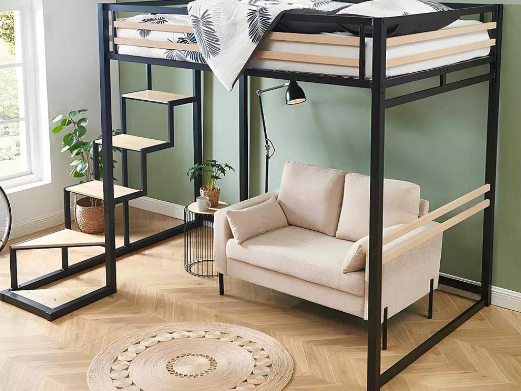 Cama Alta*Vente-unique Cama Alta 140 X 200 Cm Metal E Mdf Preto E Carvalho + Colchão + Edredão + Almofadas - Jogui