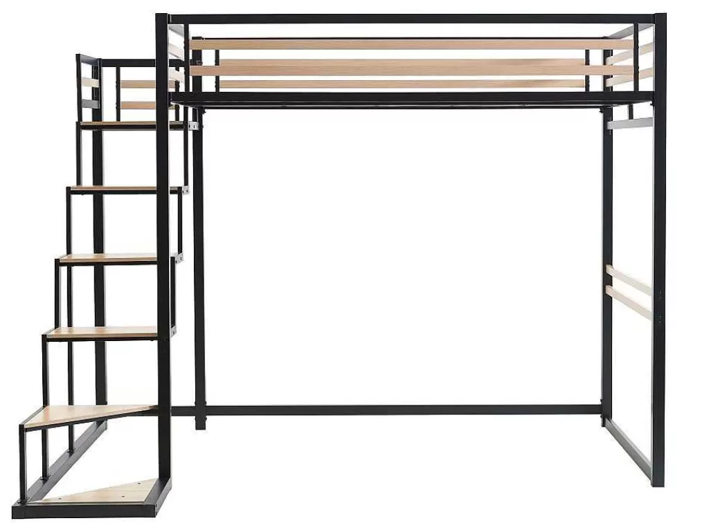Cama Alta*Vente-unique Cama Alta 140 X 200 Cm Metal E Mdf Preto E Carvalho + Colchão + Edredão + Almofadas - Jogui
