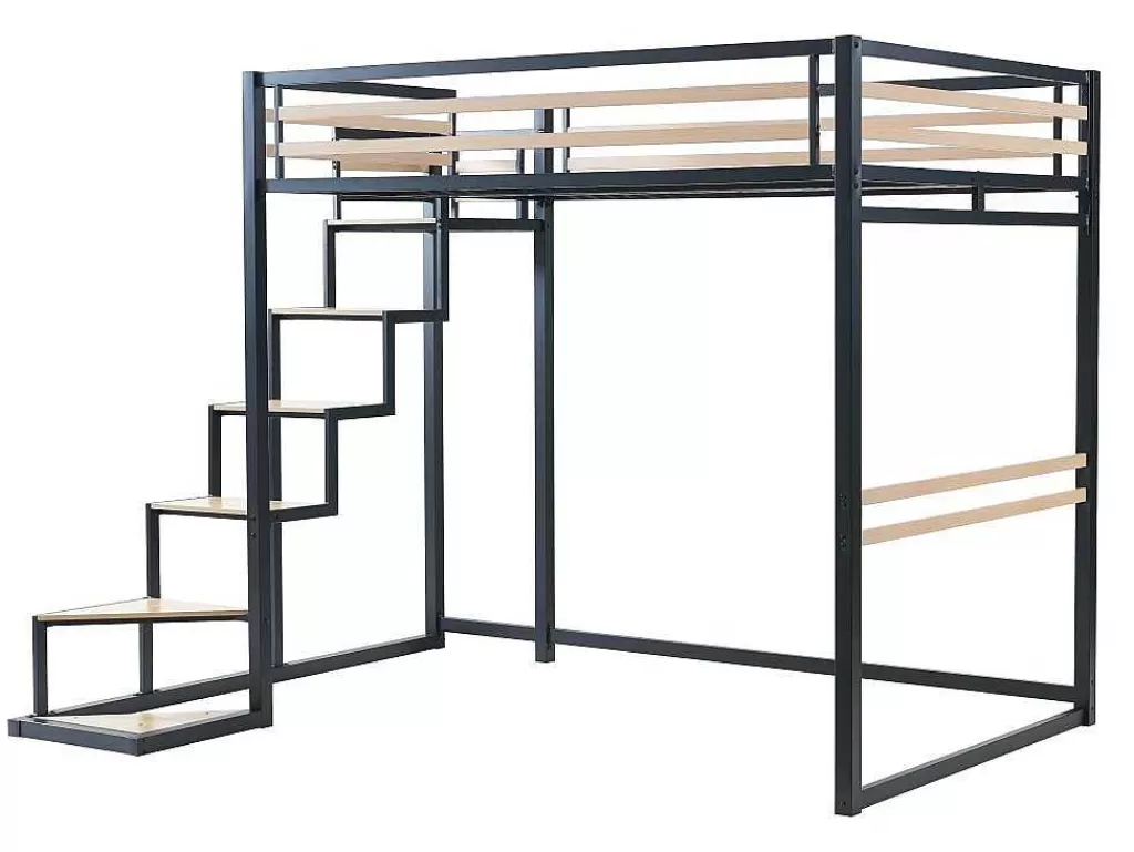 Cama Alta*Vente-unique Cama Alta 140 X 200 Cm Metal E Mdf Preto E Carvalho + Colchão + Edredão + Almofadas - Jogui