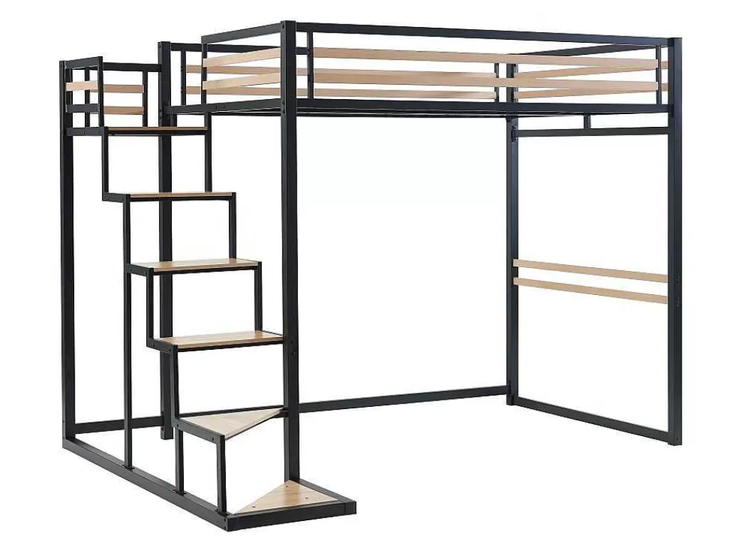 Cama Alta*Vente-unique Cama Alta 140 X 200 Cm Metal E Mdf Preto E Carvalho + Colchão + Edredão + Almofadas - Jogui