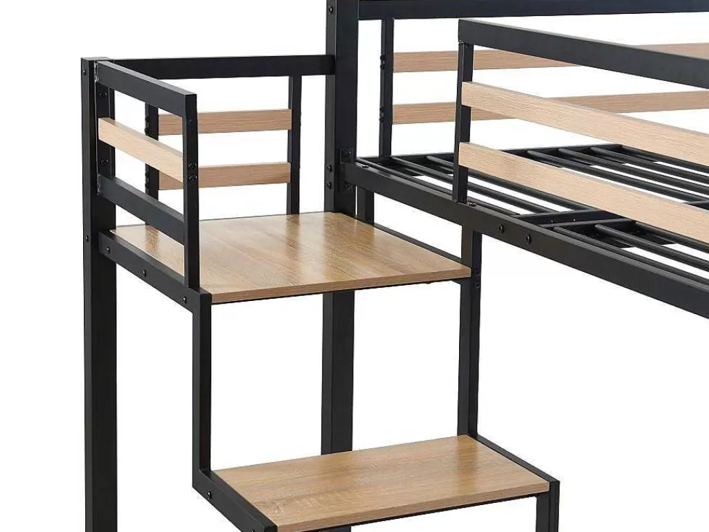 Cama Alta*Vente-unique Cama Alta 140 X 200 Cm Metal E Mdf Preto E Carvalho + Colchão + Edredão + Almofadas - Jogui