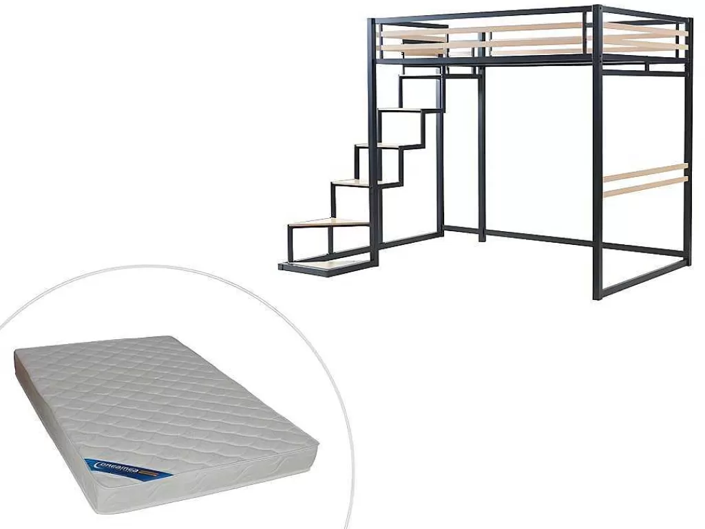 Cama Alta*Vente-unique Cama Alta 140 X 200 Cm Metal E Mdf Preto E Natural + Colchão - Jogui