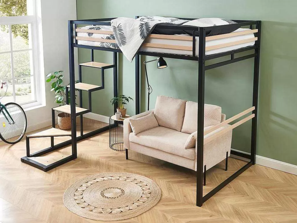 Cama De Criança*Vente-unique Cama Alta 140 X 200 Cm Metal E Mdf Preto E Natural - Jogui