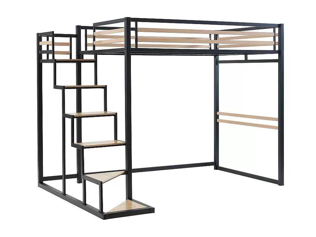 Cama De Criança*Vente-unique Cama Alta 140 X 200 Cm Metal E Mdf Preto E Natural - Jogui