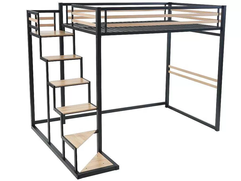 Cama De Criança*Vente-unique Cama Alta 140 X 200 Cm Metal E Mdf Preto E Natural - Jogui