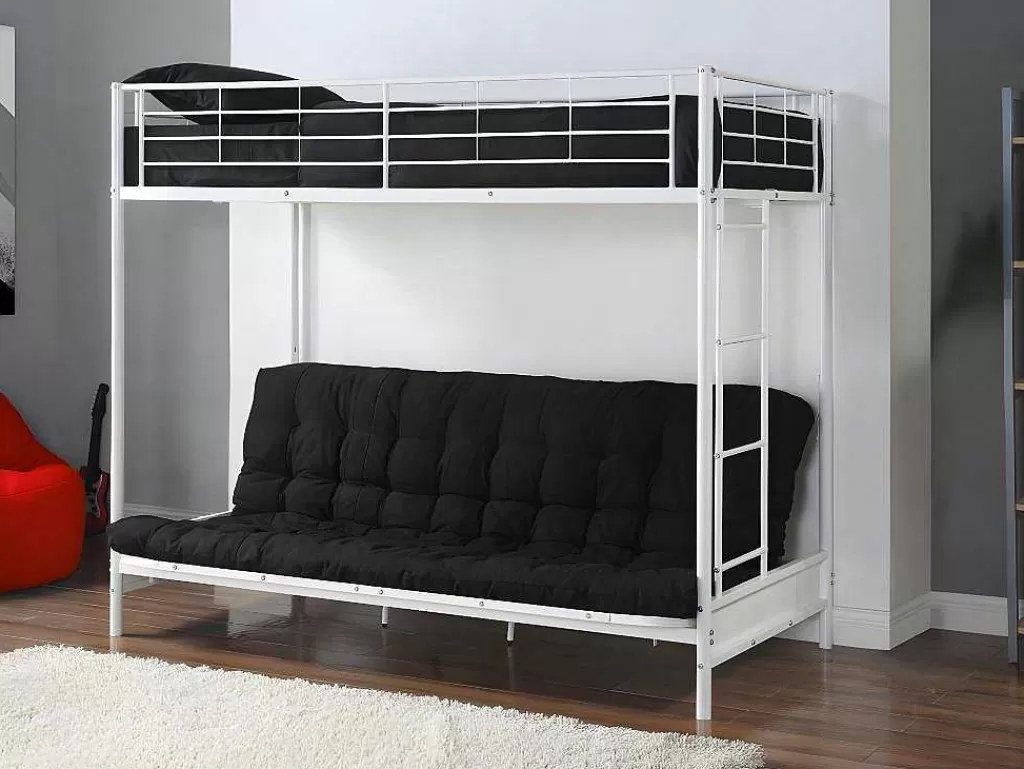 Cama Alta*Vente-unique Cama Alta 90 X 190 Cm Com Banco Convertivel Em Metal Branco, Futon E Colchão - Modulo V