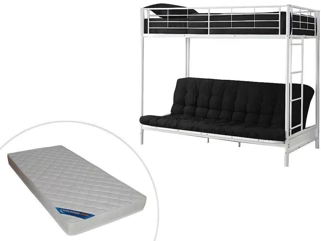 Cama Alta*Vente-unique Cama Alta 90 X 190 Cm Com Banco Convertivel Em Metal Branco, Futon E Colchão - Modulo V