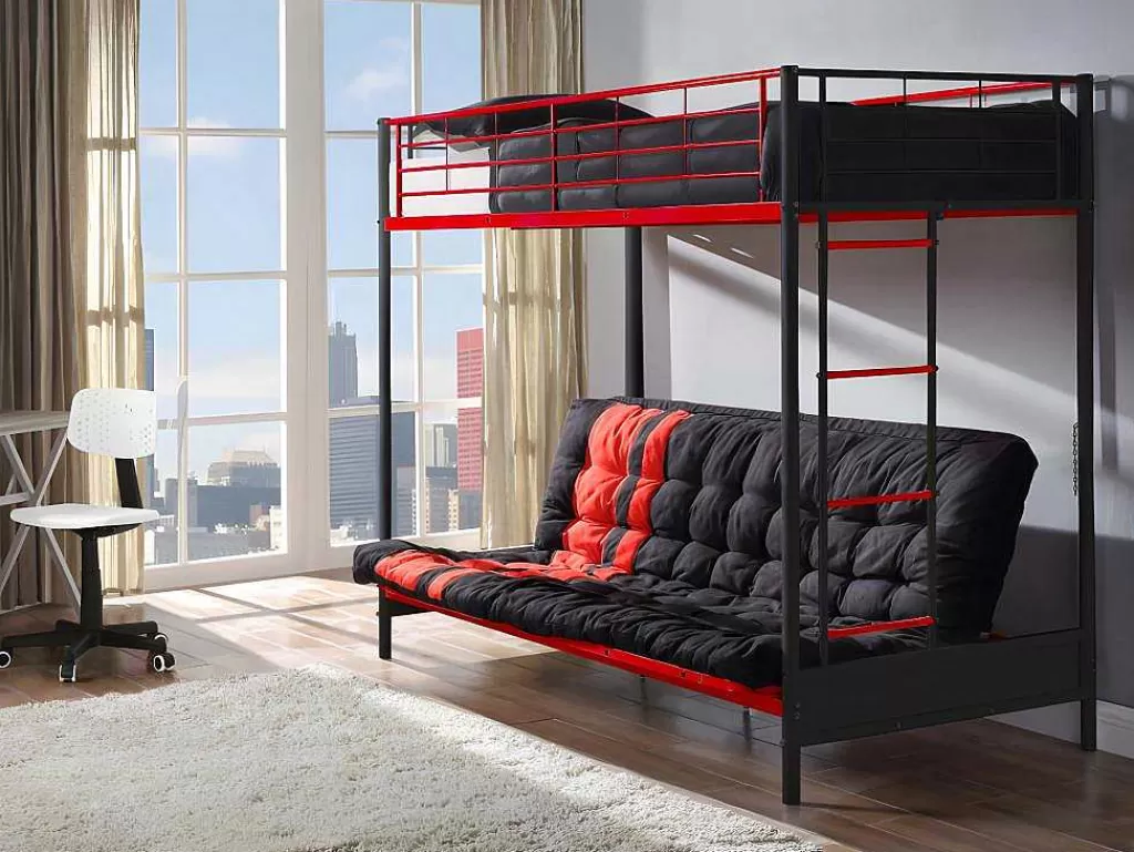 Cama Alta*Vente-unique Cama Alta 90 X 190 Cm Com Banco Convertivel Em Metal Preto E Vermelho, Futon E Colchão - Modulo V