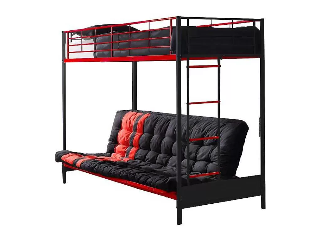 Cama Alta*Vente-unique Cama Alta 90 X 190 Cm Com Banco Convertivel Em Metal Preto E Vermelho, Futon E Colchão - Modulo V
