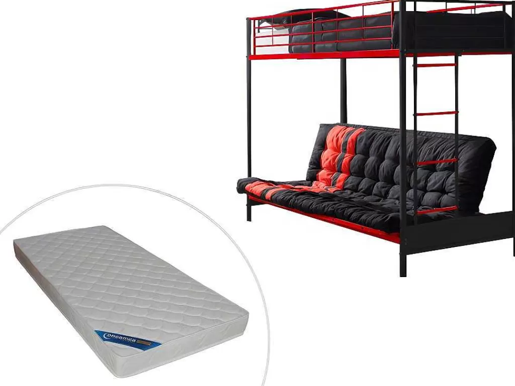 Cama Alta*Vente-unique Cama Alta 90 X 190 Cm Com Banco Convertivel Em Metal Preto E Vermelho, Futon E Colchão - Modulo V