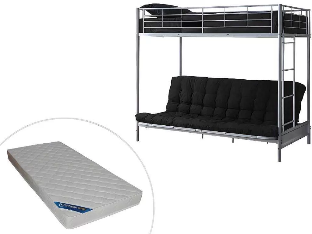 Cama Alta*Vente-unique Cama Alta 90 X 190 Cm Com Banco Convertivel Metal Prateado + Futon + Colchão - Modulo V
