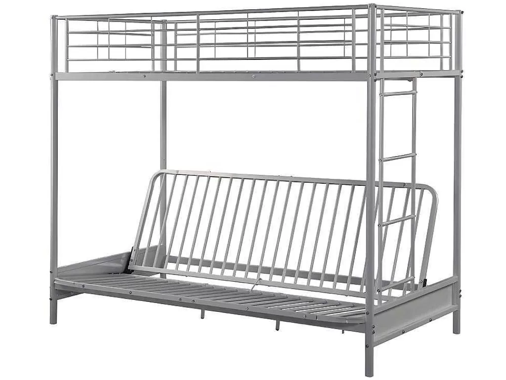 Cama Alta*Vente-unique Cama Alta 90 X 190 Cm Com Banco Convertivel Metal Prateado + Futon Preto - Modulo V