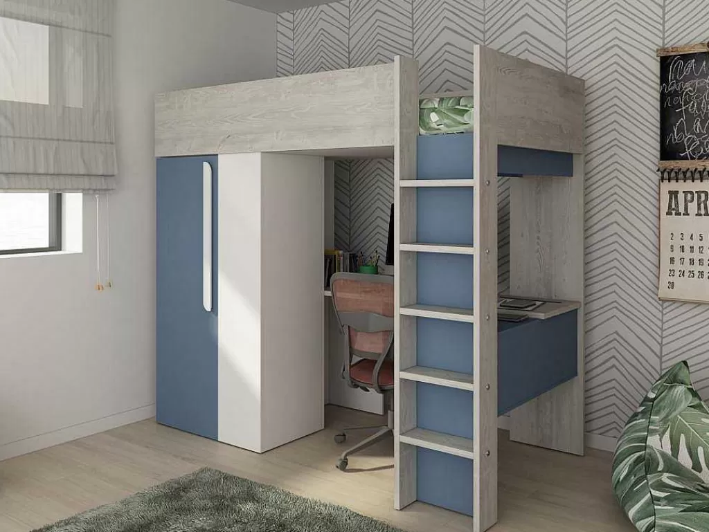 Cama Alta*Vente-unique Cama Alta 90 X 200 Cm Com Guarda-Roupa E Secretária Azul E Branco + Colchão - Nicolas