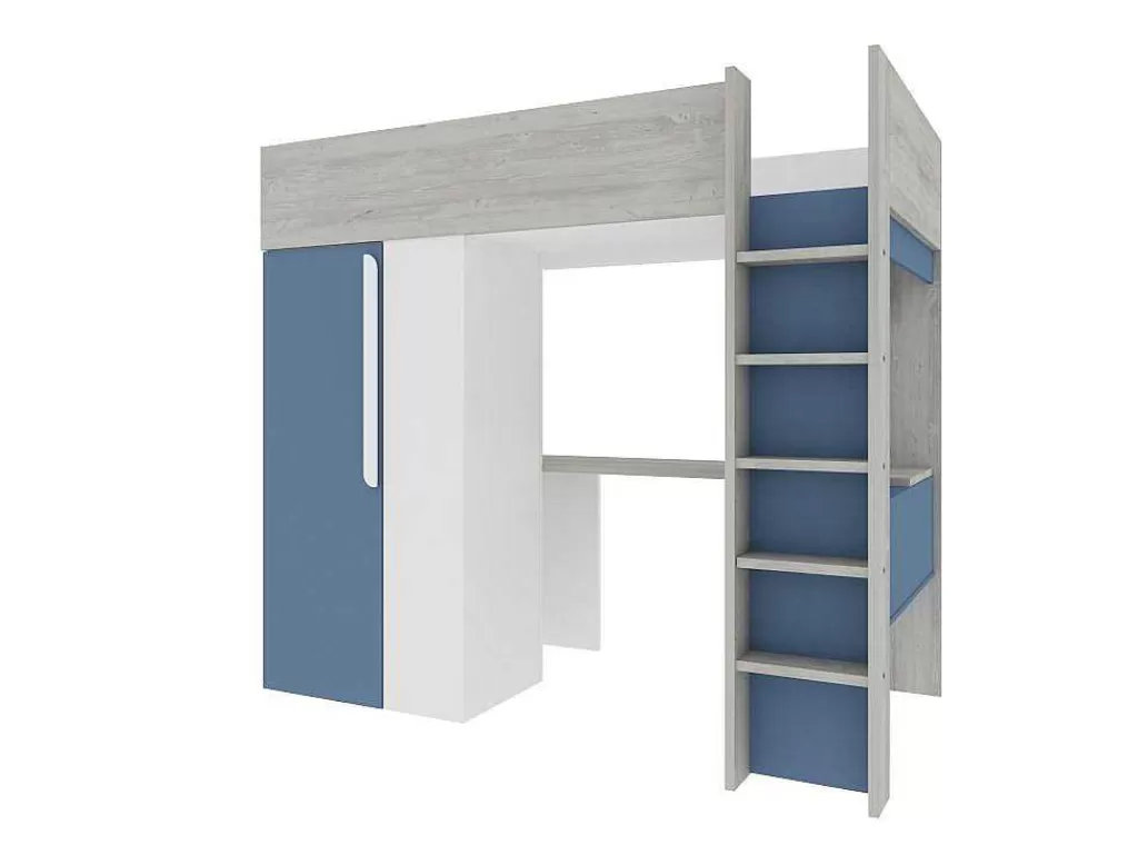 Cama Alta*Vente-unique Cama Alta 90 X 200 Cm Com Guarda-Roupa E Secretária Azul E Branco + Colchão - Nicolas