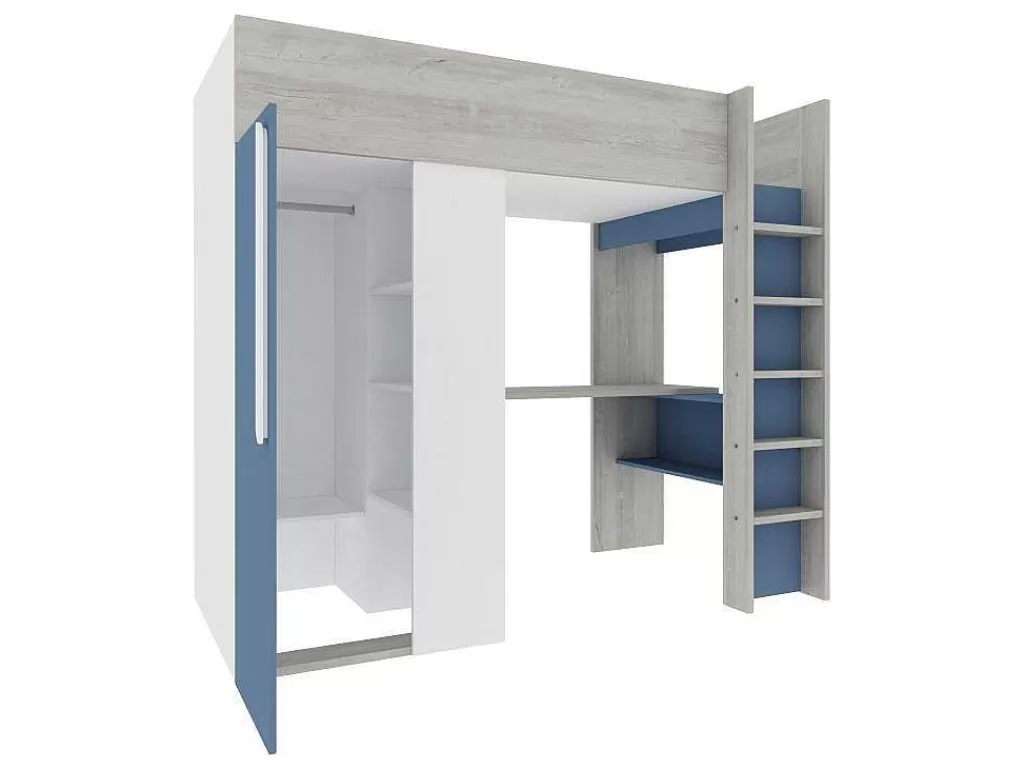 Cama Alta*Vente-unique Cama Alta 90 X 200 Cm Com Guarda-Roupa E Secretária Azul E Branco + Colchão - Nicolas