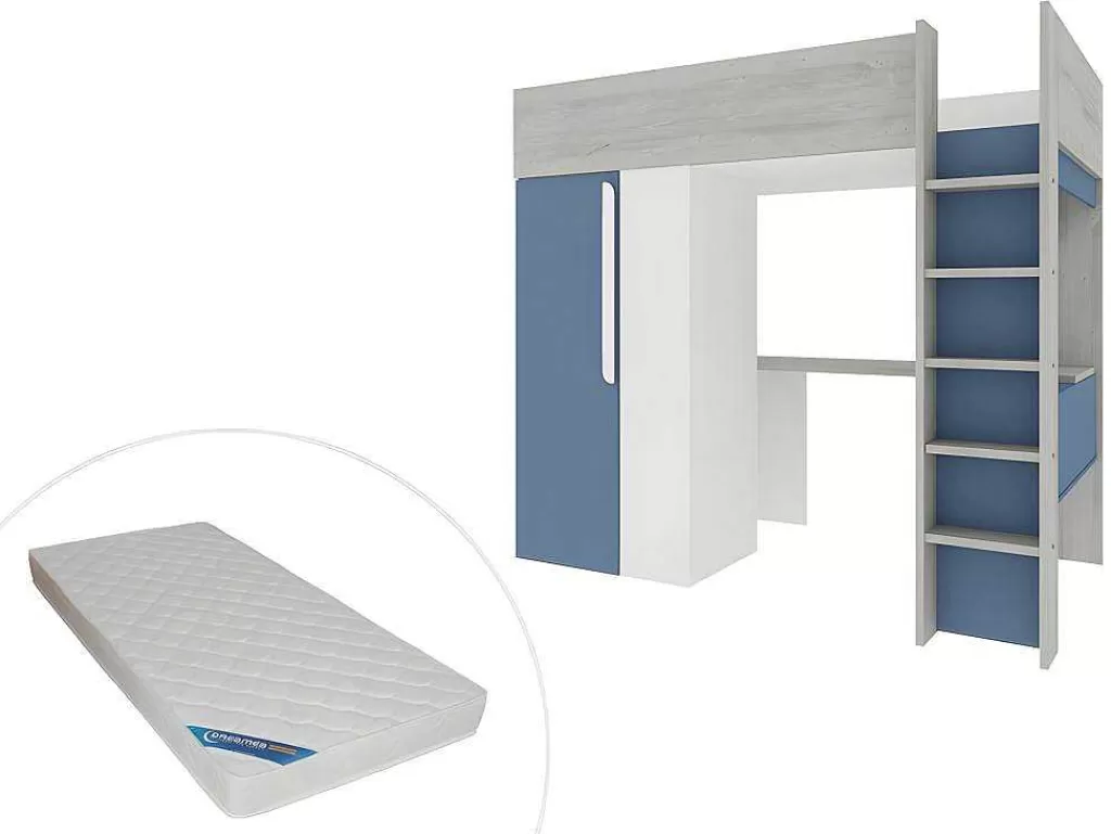 Cama Alta*Vente-unique Cama Alta 90 X 200 Cm Com Guarda-Roupa E Secretária Azul E Branco + Colchão - Nicolas