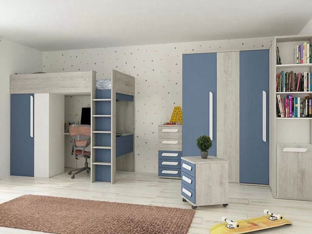 Cama Alta*Vente-unique Cama Alta 90 X 200 Cm Com Guarda-Roupa E Secretária Azul E Branco - Nicolas