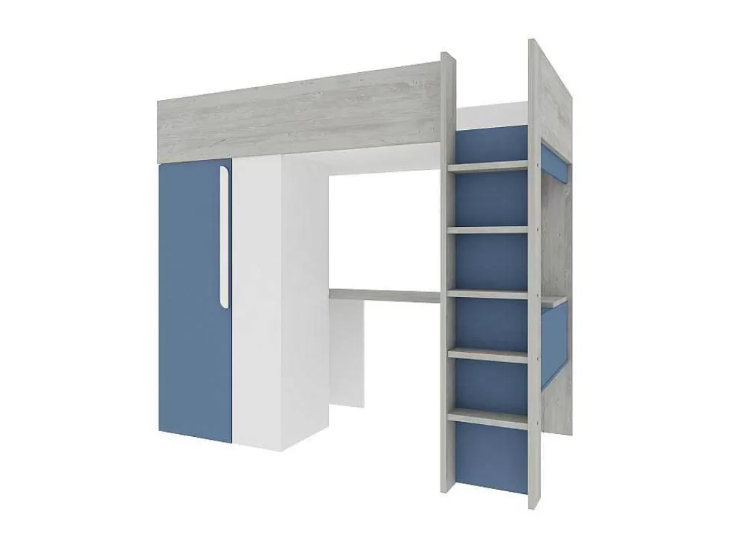 Cama Alta*Vente-unique Cama Alta 90 X 200 Cm Com Guarda-Roupa E Secretária Azul E Branco - Nicolas