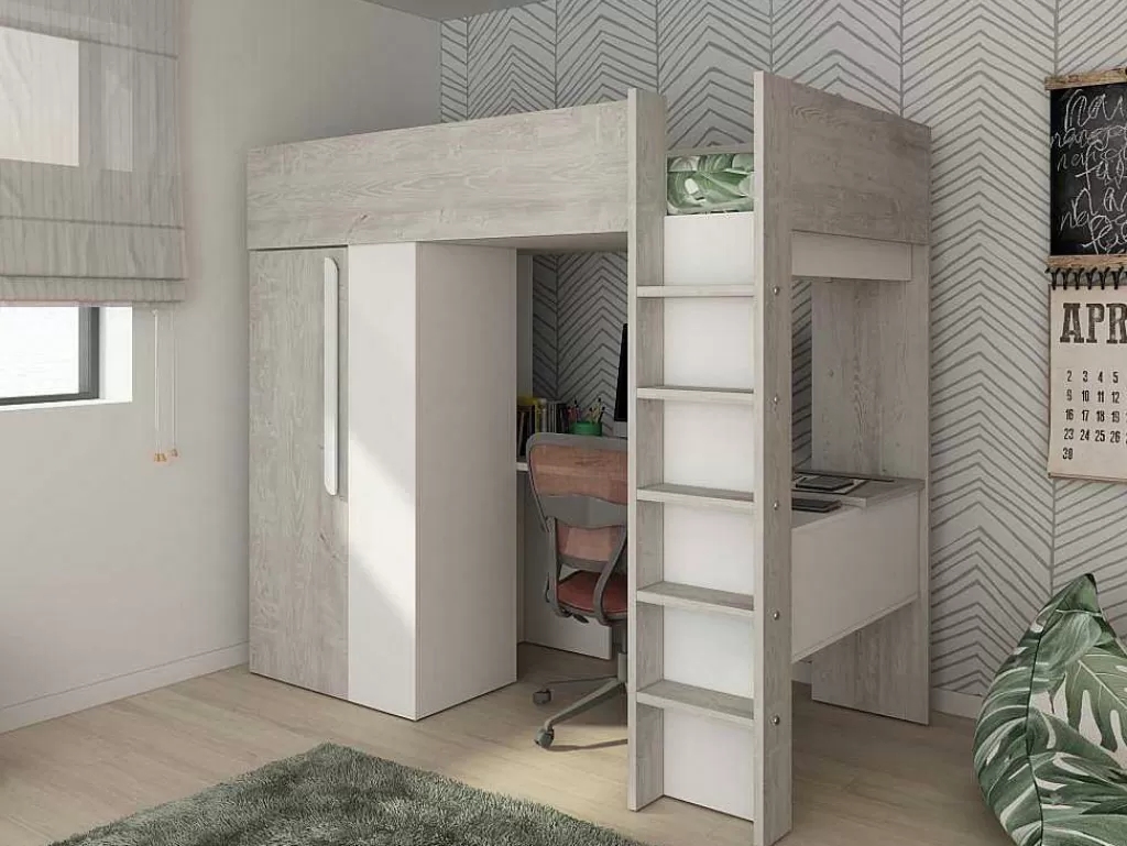 Cama Alta*Vente-unique Cama Alta 90X200 Cm Com Roupeiro E Secretária Cinza Natural E Branco + Colchão - Nicolas