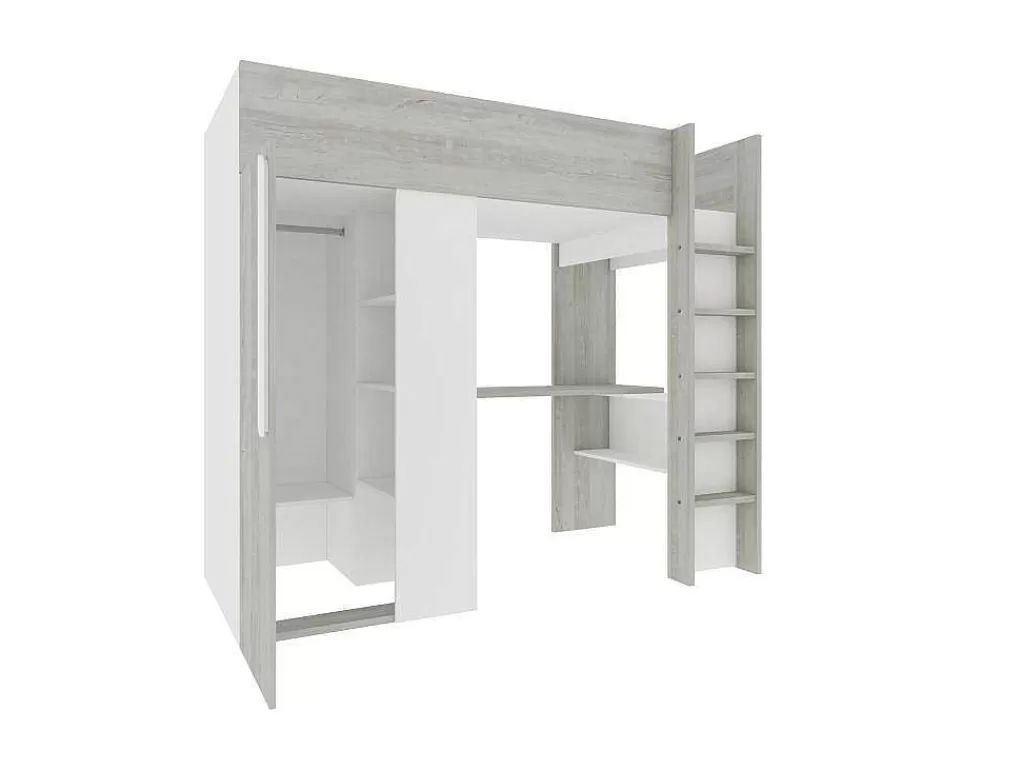 Cama Alta*Vente-unique Cama Alta 90X200 Cm Com Roupeiro E Secretária Cinza Natural E Branco + Colchão - Nicolas
